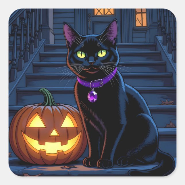 Adesivo Quadrado Gato Negro e Jack-O-Lanterna Halloween (Frente)