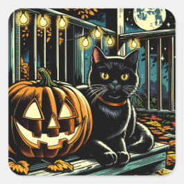 Adesivo Quadrado Gato Negro e Jack-O-Lanterna Halloween