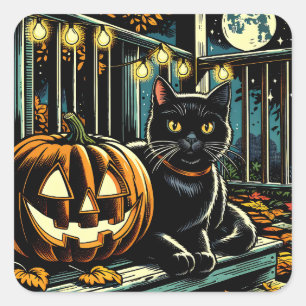 Adesivo Quadrado Gato Negro e Jack-O-Lanterna Halloween