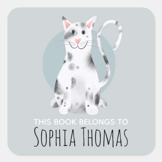 Adesivo Quadrado Gato Negro Este Livro Pertence A Nome Crianças (Frente)