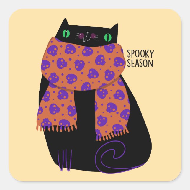 Adesivo Quadrado Gato Negro Fall Season Halloween Spooky Cute (Frente)