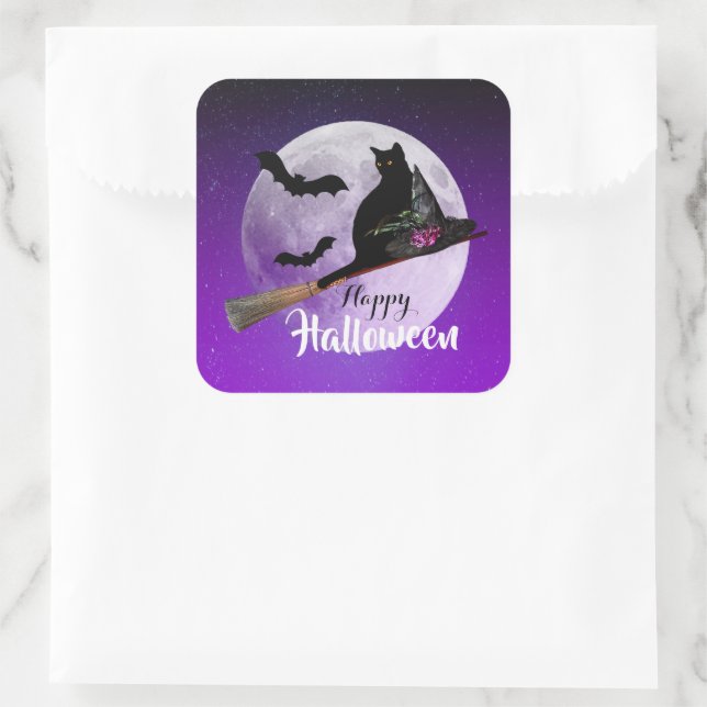 Adesivo Quadrado Gato Negro Halloween na Lua Cheia (Bolsa)