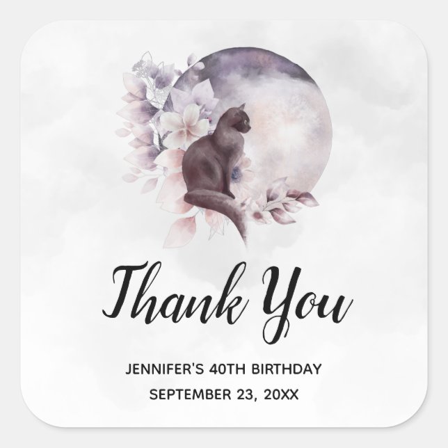 Adesivo Quadrado Gato Negro por uma Lua Mágica e Completa Obrigado (Frente)