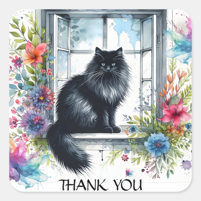 Adesivo Quadrado Gato Negro Siberiano em Flores de Verão (Frente)