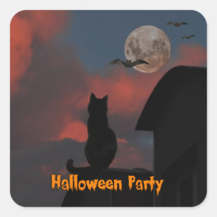 Adesivo Quadrado Gato no telhado com uma Lua cheia o Dia das Bruxas