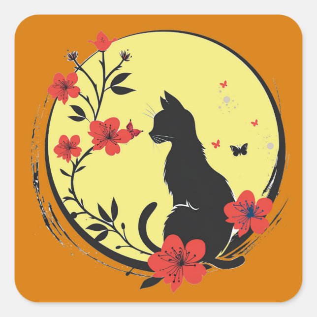 Adesivo Quadrado Gato nos Vinhetas à Lua (Frente)
