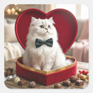 Adesivo Quadrado Gato Persa do Dia dos Namorados na Caixa de Chocol