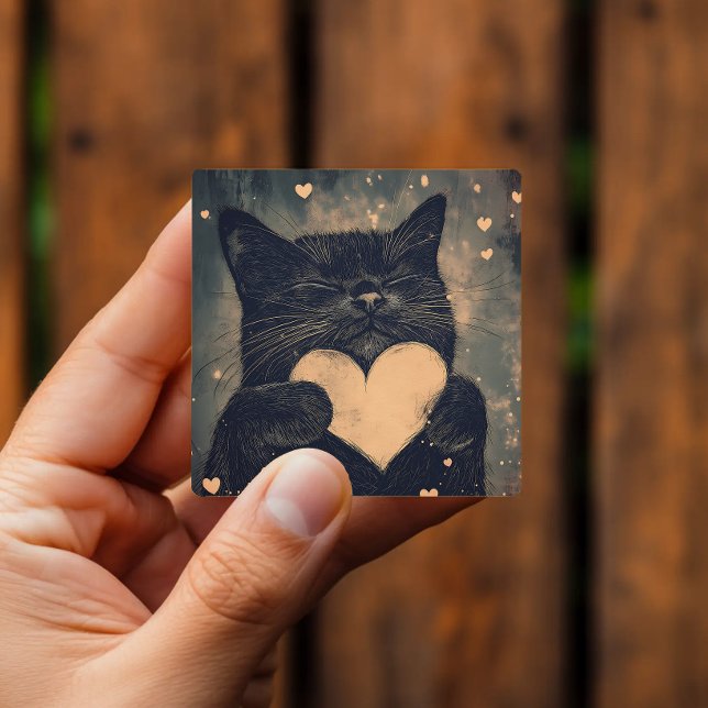 Adesivo Quadrado Gato Preto Adorável com Coração Ouro (Criador carregado)