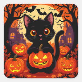 Adesivo Quadrado Gato Preto Bonito com Pumpkins do Halloween