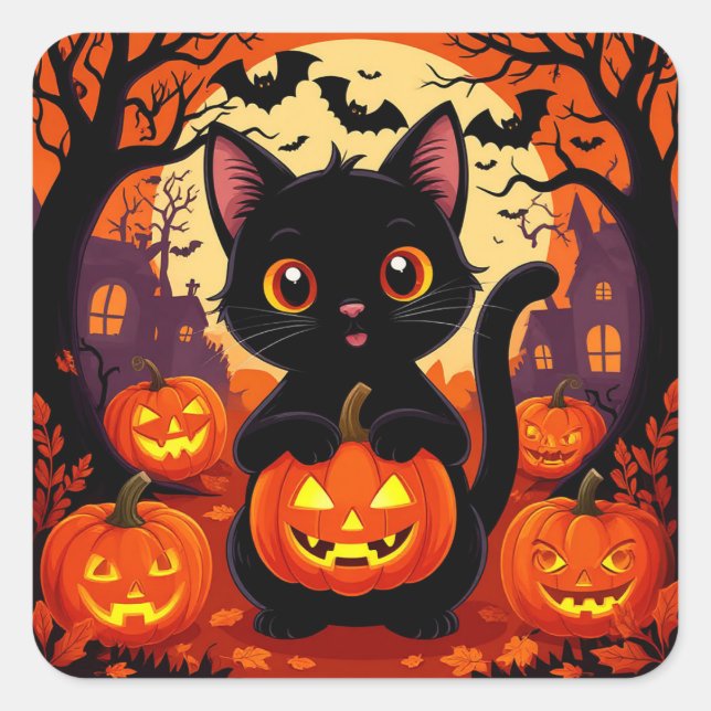 Adesivo Quadrado Gato Preto Bonito com Pumpkins do Halloween (Frente)