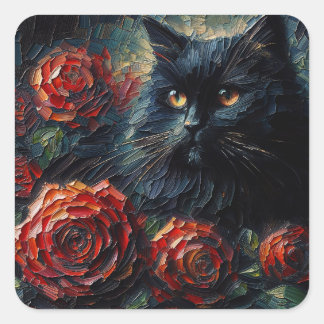 Adesivo Quadrado Gato Preto Com Arte Rosa vermelha