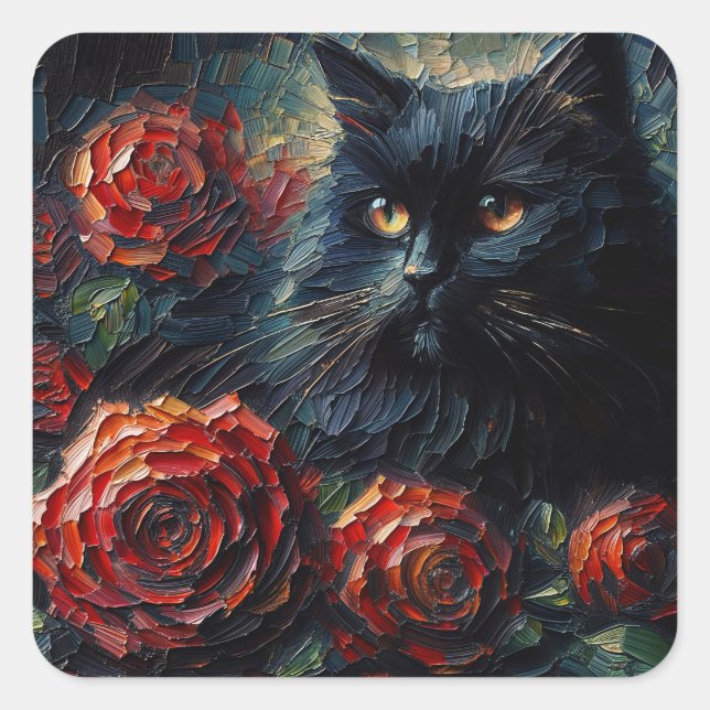 Adesivo Quadrado Gato Preto Com Arte Rosa vermelha (Frente)