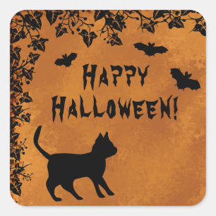Adesivo Quadrado Gato Preto com Bat, Feliz Dia das Bruxas