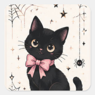 Adesivo Quadrado Gato Preto com Laço Rosa Fofo Teia de Aranha