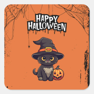 Adesivo Quadrado Gato Preto Com Pumpkin Jack O' Lanterna