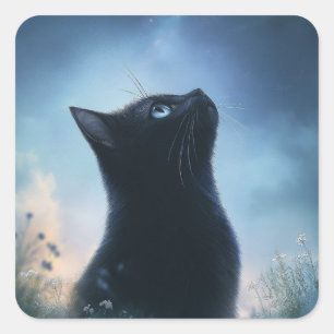Adesivo Quadrado Gato Preto Contemplando um Céu Estrelado