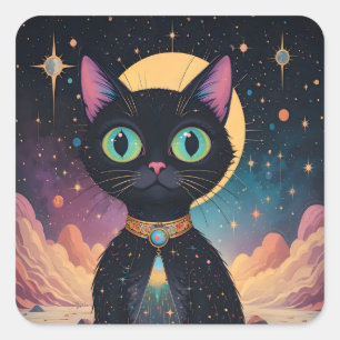 Adesivo Quadrado Gato Preto Cósmico Futurista Atômico ao Luar