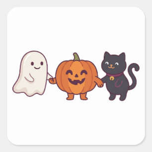 Adesivo Quadrado Gato Preto de Fantasma Fofo & Abóbora de Halloween