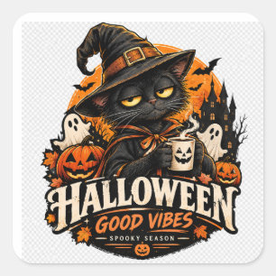 Adesivo Quadrado Gato Preto de Halloween Bruxa Boas Vibrações Tempo