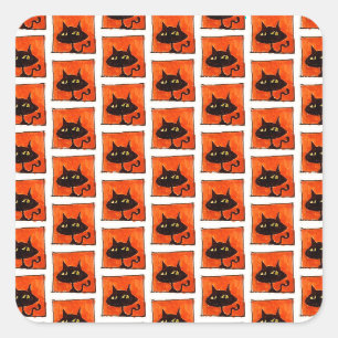 Adesivo Quadrado Gato Preto de Halloween Quadrados Laranja Cartoon