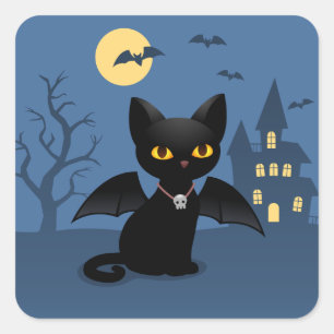 Adesivo Quadrado Gato Preto de Halloween Vampiro com Asas