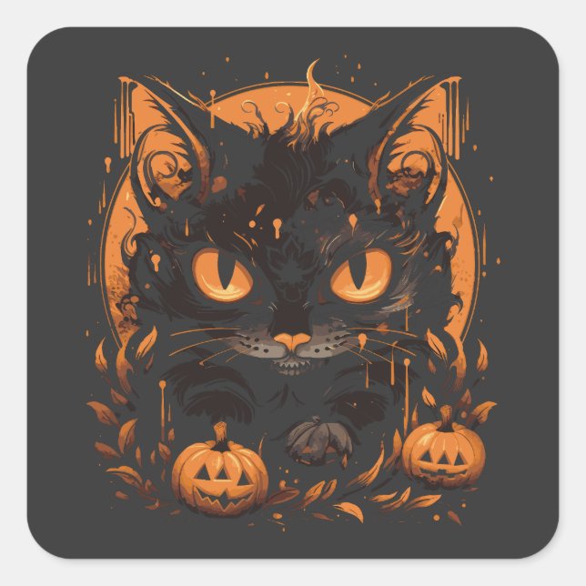 Adesivo Quadrado Gato Preto do Halloween com Pumpkins e Lua (Frente)