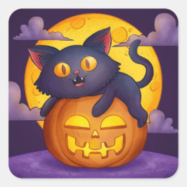 Adesivo Quadrado Gato Preto do Halloween Fofo Abóbora e Lua