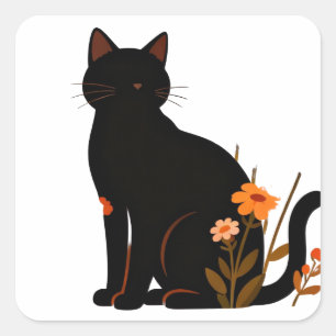 Adesivo Quadrado Gato preto do ortorno florido