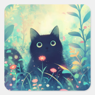 Adesivo Quadrado Gato Preto em uma Floresta Sonhadora de Luzes