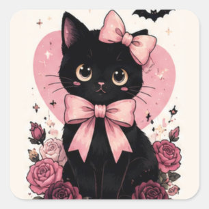 Adesivo Quadrado Gato Preto Flor de Rosa com Laço Rosa