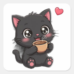 Adesivo Quadrado Gato Preto Fofo Bebendo Café PNG   Feliz Coquete