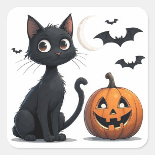 Adesivo Quadrado Gato Preto Fofo com abóbora Halloween 🎃