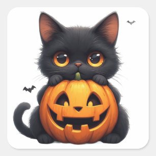Adesivo Quadrado Gato Preto Fofo Com Abóbora Jack O Lantern