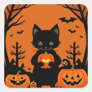 Adesivo Quadrado Gato Preto Fofo com Abóboras de Halloween