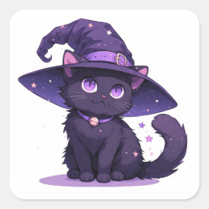 Adesivo Quadrado Gato Preto Fofo Com Chapéu de Bruxa Roxo Magia ✨