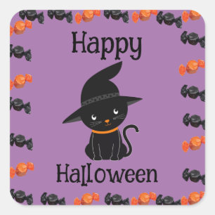 Adesivo Quadrado Gato Preto Fofo de Chapéu de Bruxa Feliz Halloween