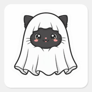 Adesivo Quadrado Gato Preto Fofo Fantasma Halloween Kawaii
