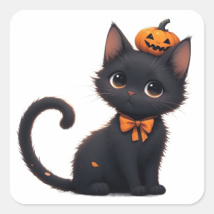 Adesivo Quadrado Gato Preto Kawaii Halloween 🎃