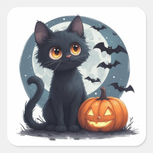 Adesivo Quadrado Gato Preto Kawaii Sob a Lua Cheia no Halloween 🎃