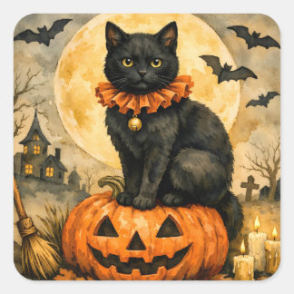 Adesivo Quadrado Gato Preto Sentado no Abóbora de Halloween