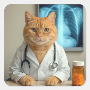 Adesivo Quadrado Gato Ruivo Médico Com Estetoscópio