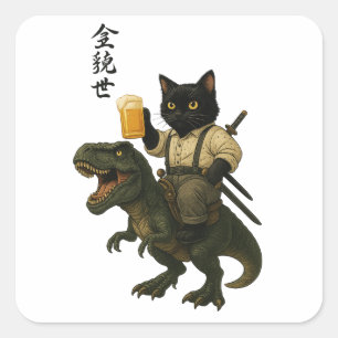 Adesivo Quadrado Gato Samurai com Cerveja & T-Rex Arte Japonesa R
