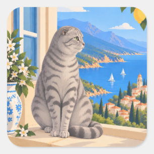 Adesivo Quadrado Gato Scottish Fold Silver Tabby