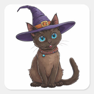 Adesivo Quadrado Gato Siamês Adorável no Chapéu das Bruxas