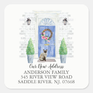 Adesivo Quadrado Gato Siamês Blue Door New Address Label Sticker