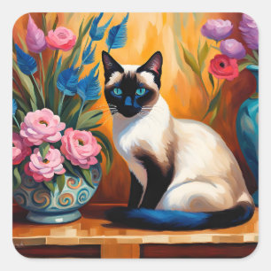 Adesivo Quadrado Gato siamês e Buquês em Vases
