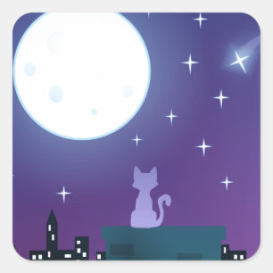 Adesivo Quadrado Gato sob a luz da lua