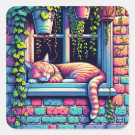 Adesivo Quadrado Gato Sonolento na Janela Envia Arte Ai