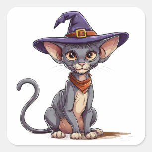 Adesivo Quadrado Gato Sphynx Adorável com Chapéu de Bruxa
