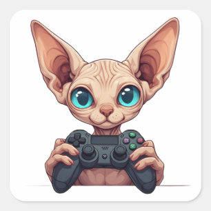 Adesivo Quadrado Gato Sphynx Segurando Controle de Jogo